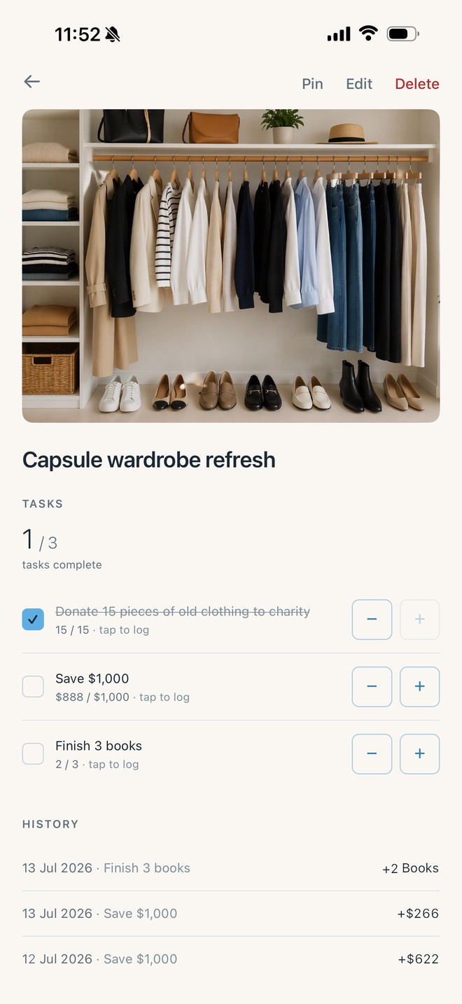 Multi-task capsule wardrobe reward in the Skye theme: donations done, $888 of $1,000 saved, 2 of 3 books read