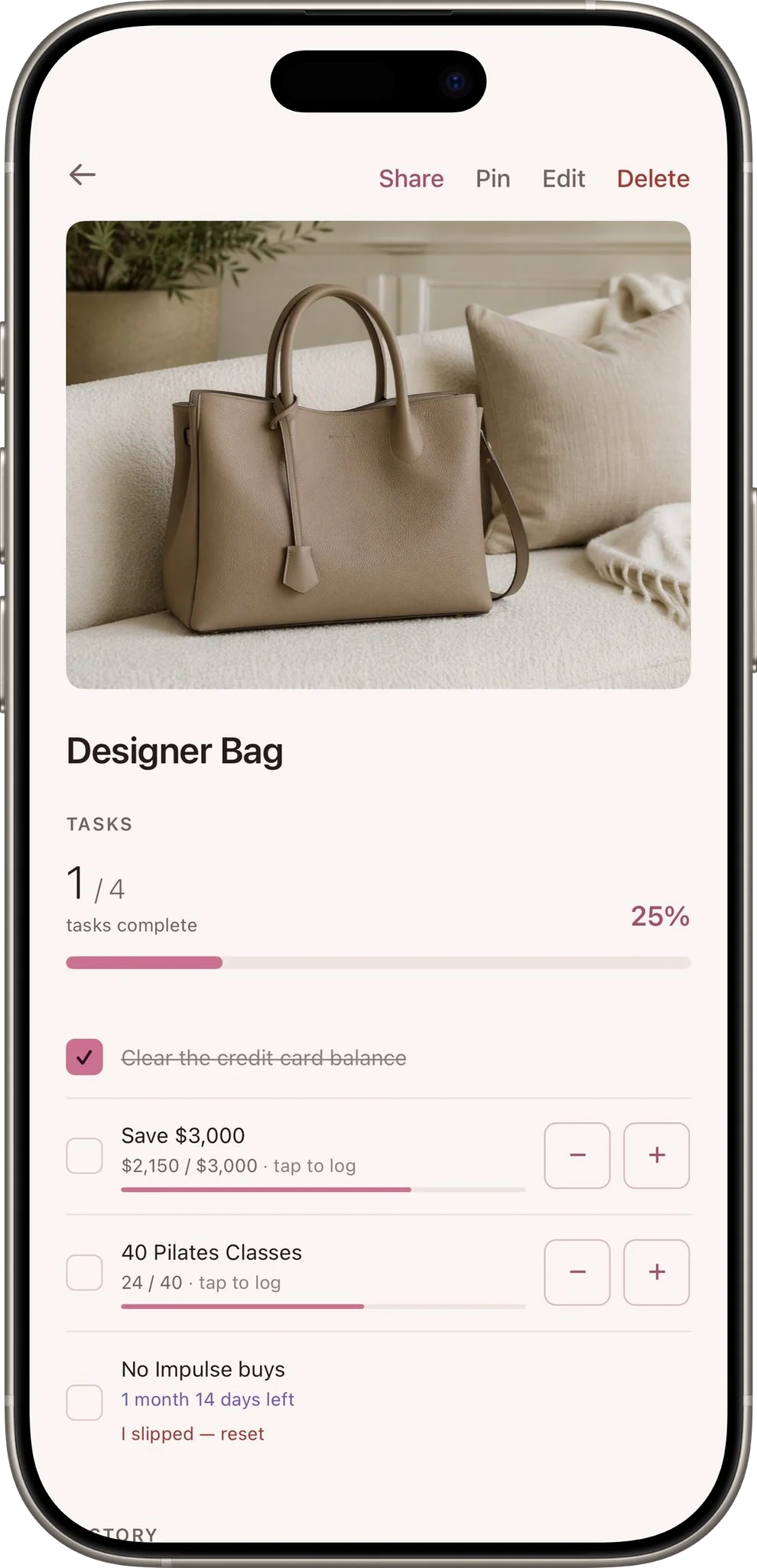 A designer handbag reward, mid-progress
