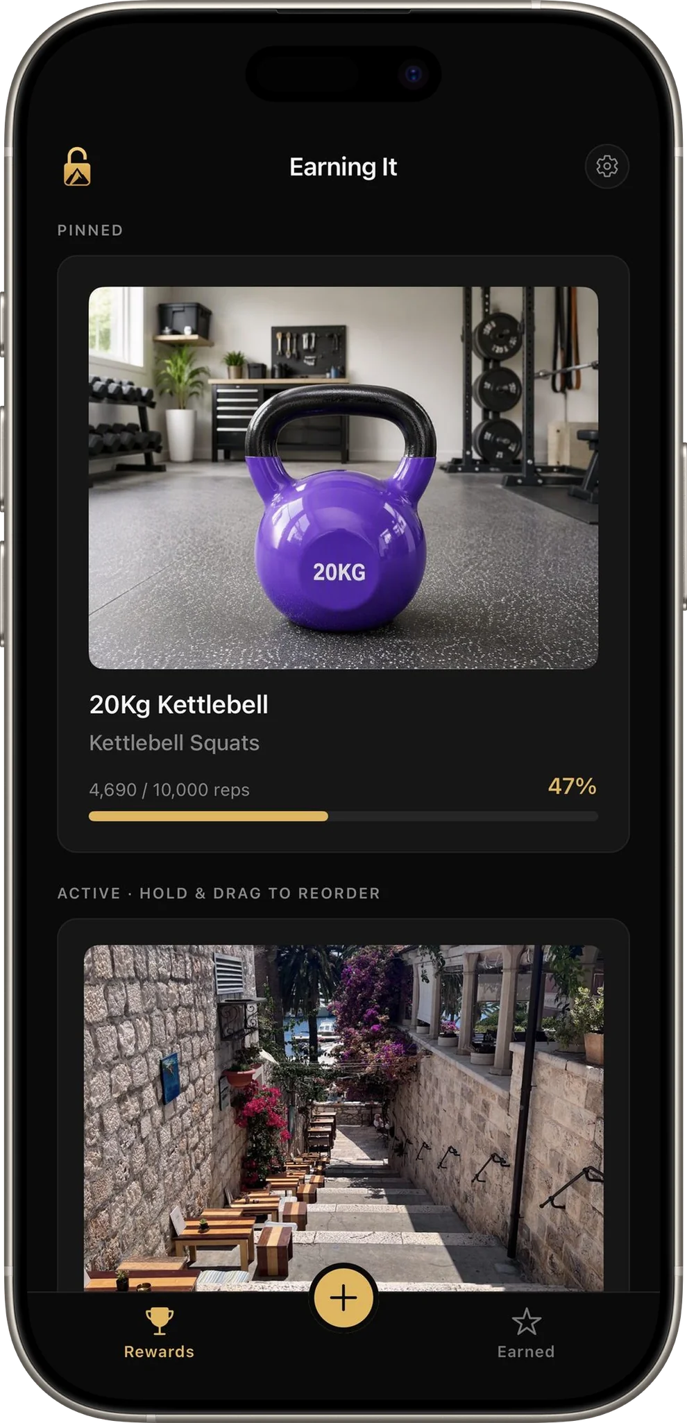 Home screen: a 20kg kettlebell being earned
