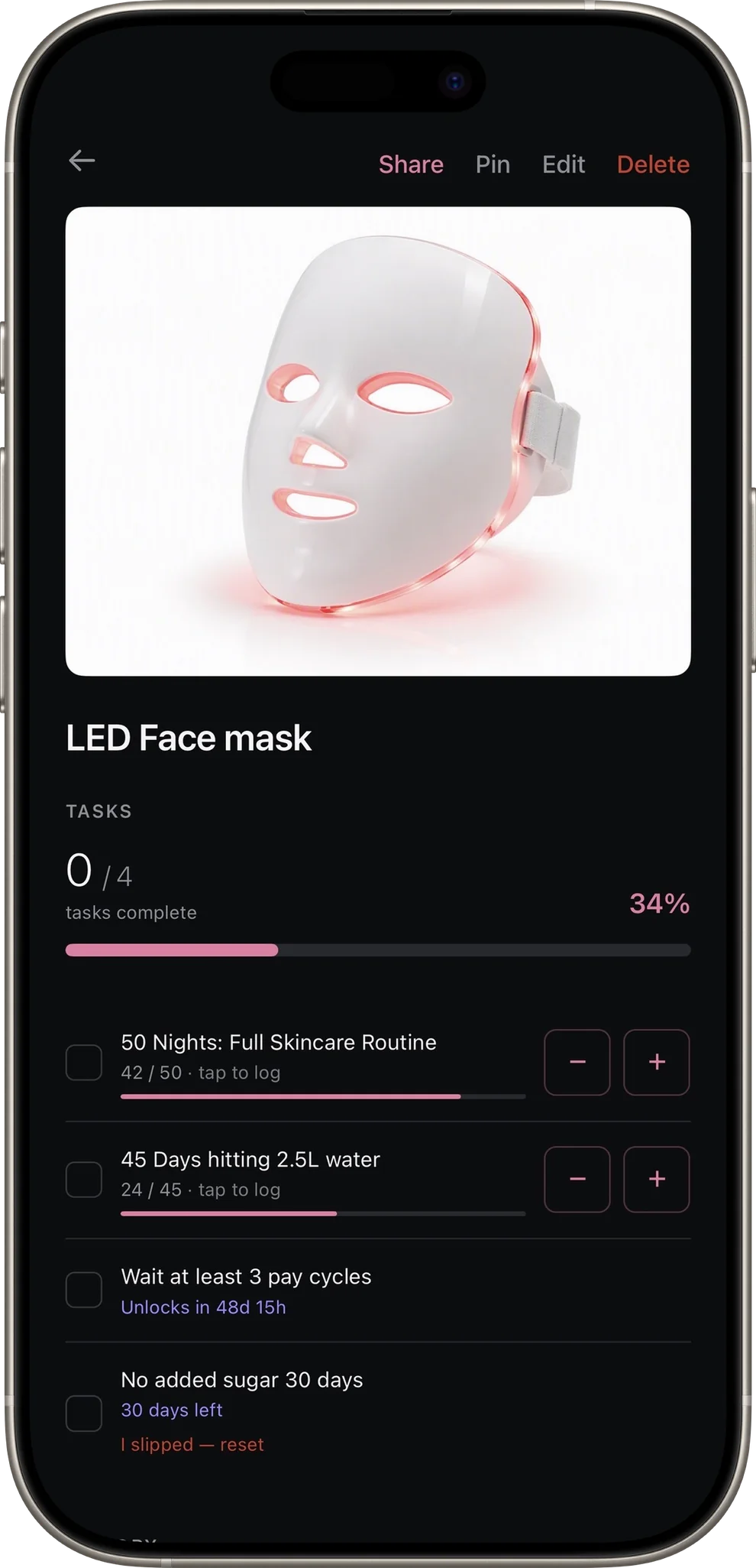 An LED face mask reward: skincare nights, water and no added sugar