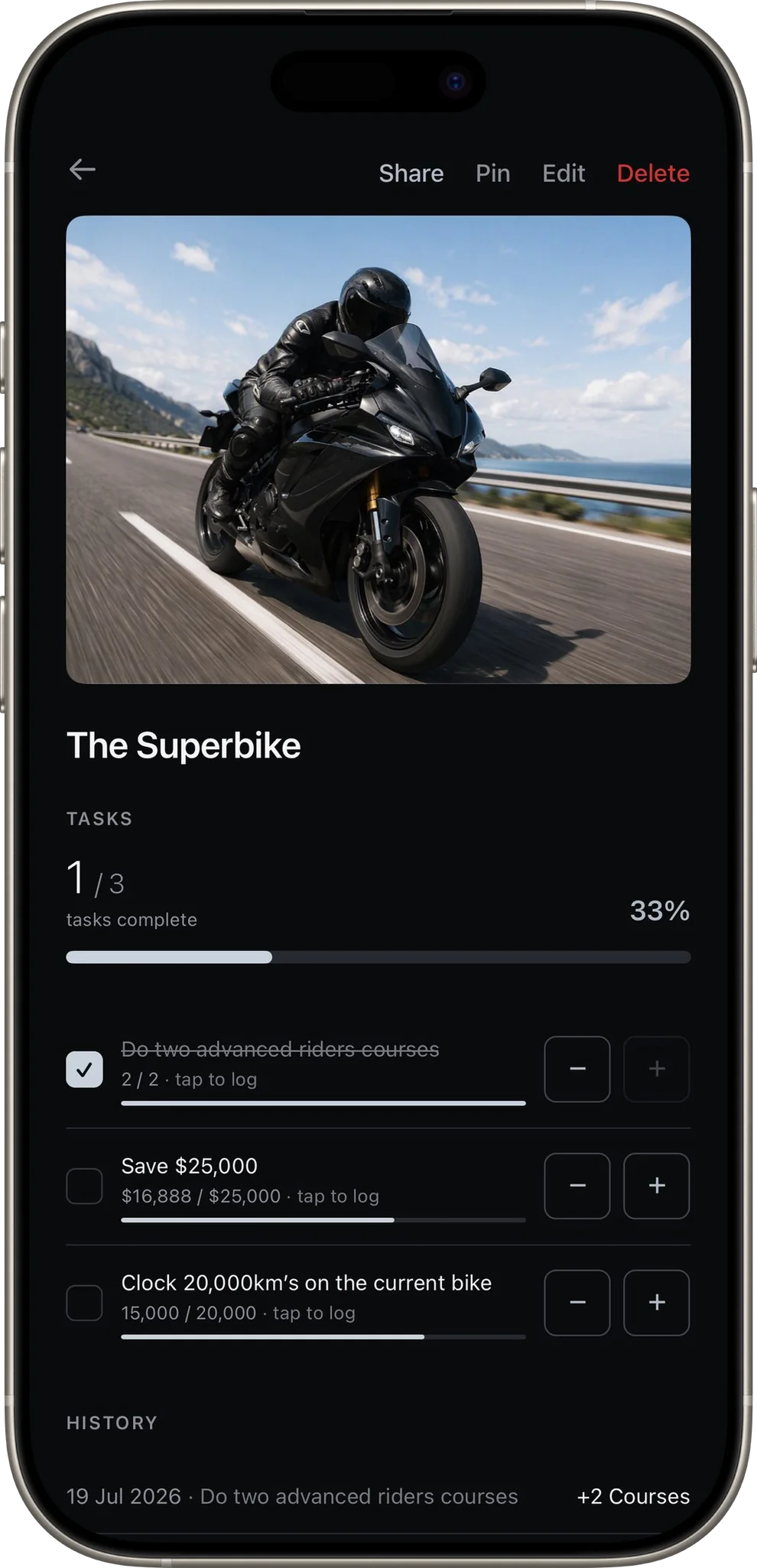 A superbike reward with per-task progress
