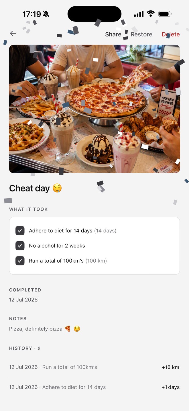 Graphite theme: Cheat day earned under confetti — diet held 14 days, 2 weeks no alcohol, 100 km run logged bit by bit