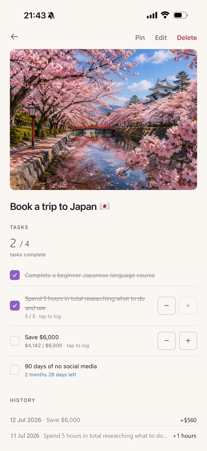Olivia theme: Book a trip to Japan reward — 2 of 4 tasks done: beginner Japanese course and 5 hours of trip research ticked and struck through, $4,142 of $6,000 saved, 90 days of no social media underway