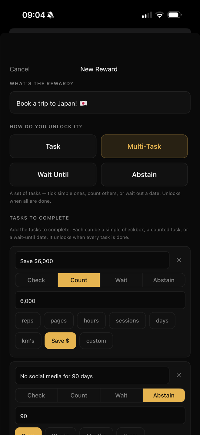Creating a multi-task reward: a trip to Japan priced with savings, an abstain and a course