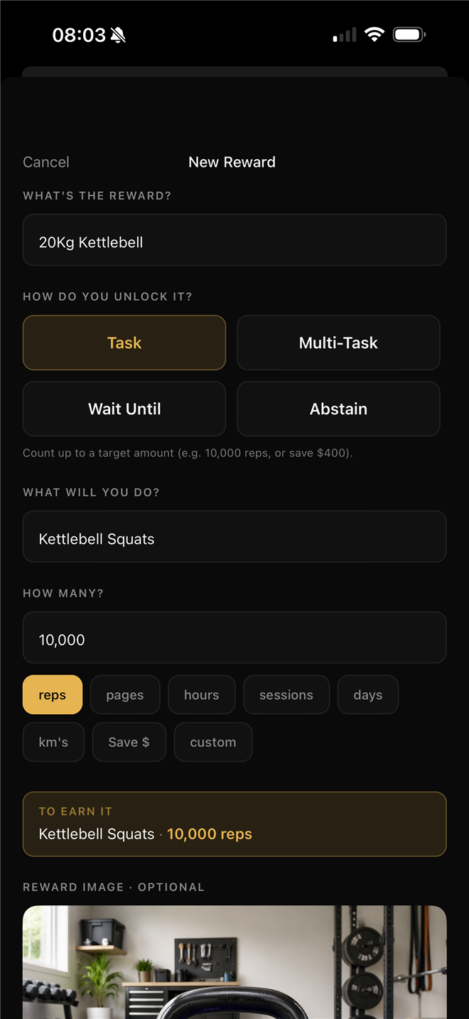 Creating a reward: 20kg kettlebell unlocked by 10,000 kettlebell squats