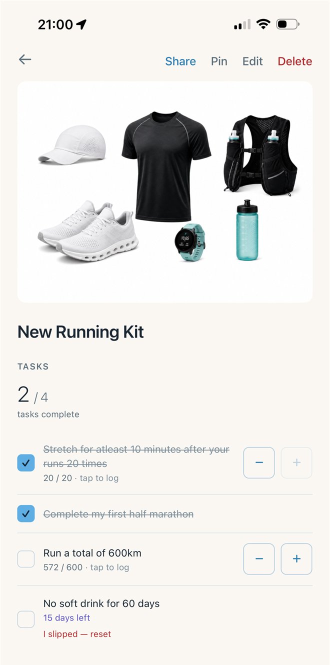 A live multi-task goal: new running kit, 572 of 600 km, abstain holding